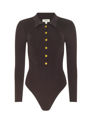 The Elisabetta Knit Bodysuit is a chocolate brown long sleeve polo bodysuit in stretch ribbed knit, finished with a collar and seven gold buttons down the front.