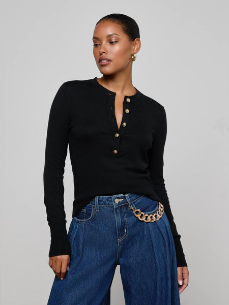 Ronda Knit Henley Top in Black/Gold | L'AGENCE
