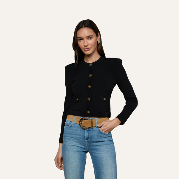 Patsy Cropped Cardigan in Black/Gold | L'AGENCE