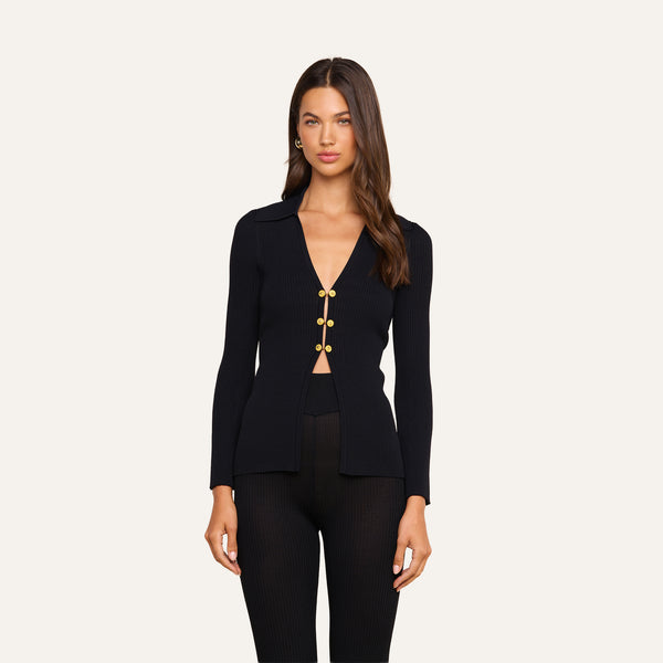 Kaye Cardigan Top in Black/Gold | L'AGENCE