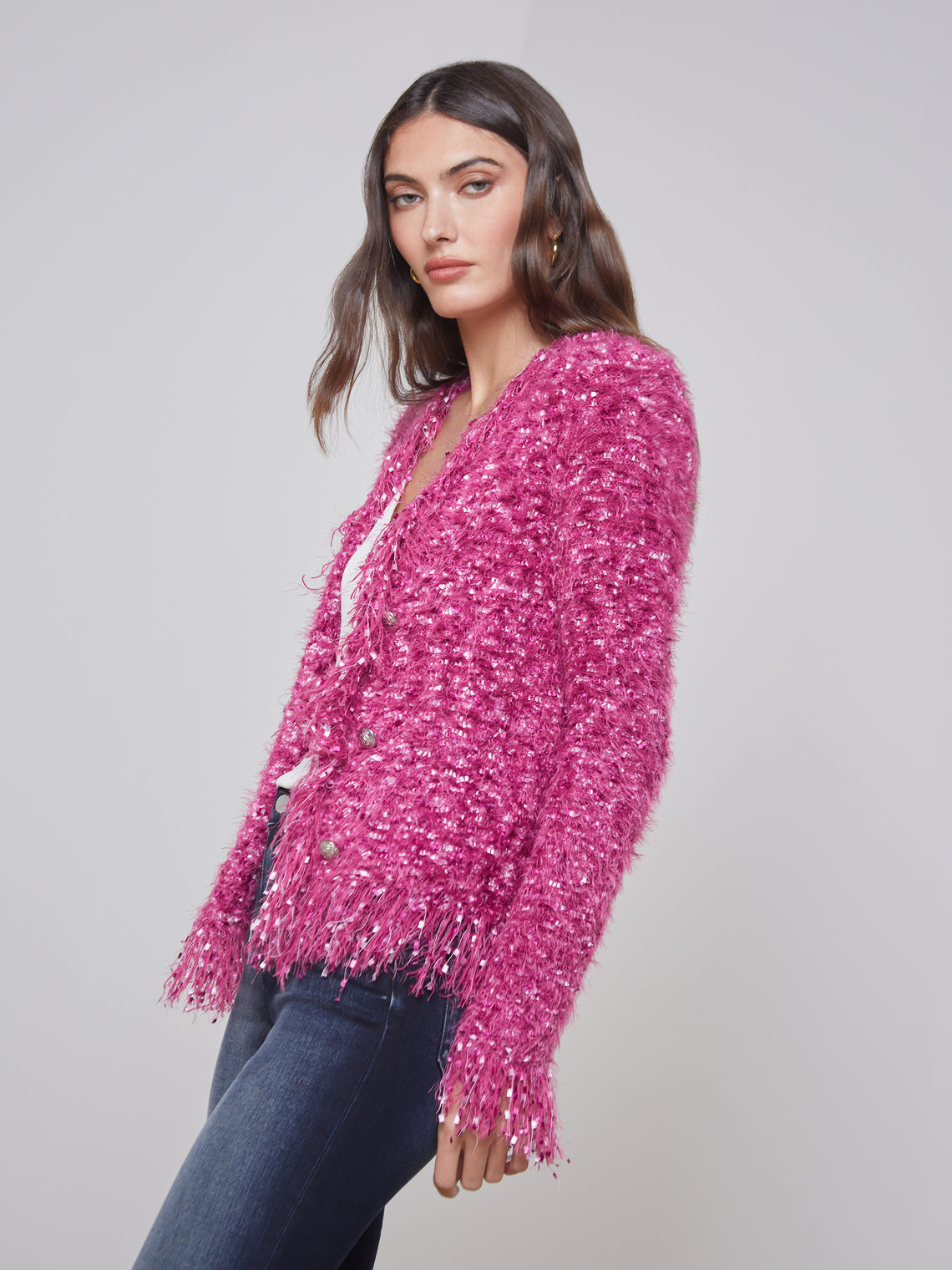 L'AGENCE Azure Fringe Cardigan Blazer in Pink