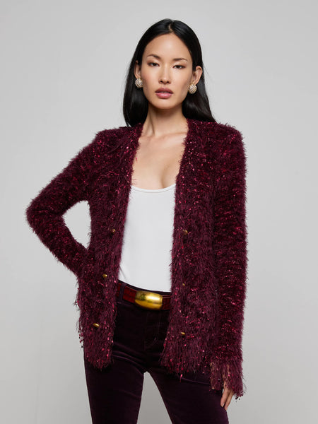 Azure Fringe Cardigan Blazer in Malbec Multi/Gold | L'AGENCE