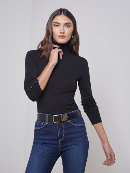 Flora Long Sleeve Turtleneck in Black/Black L'AGENCE