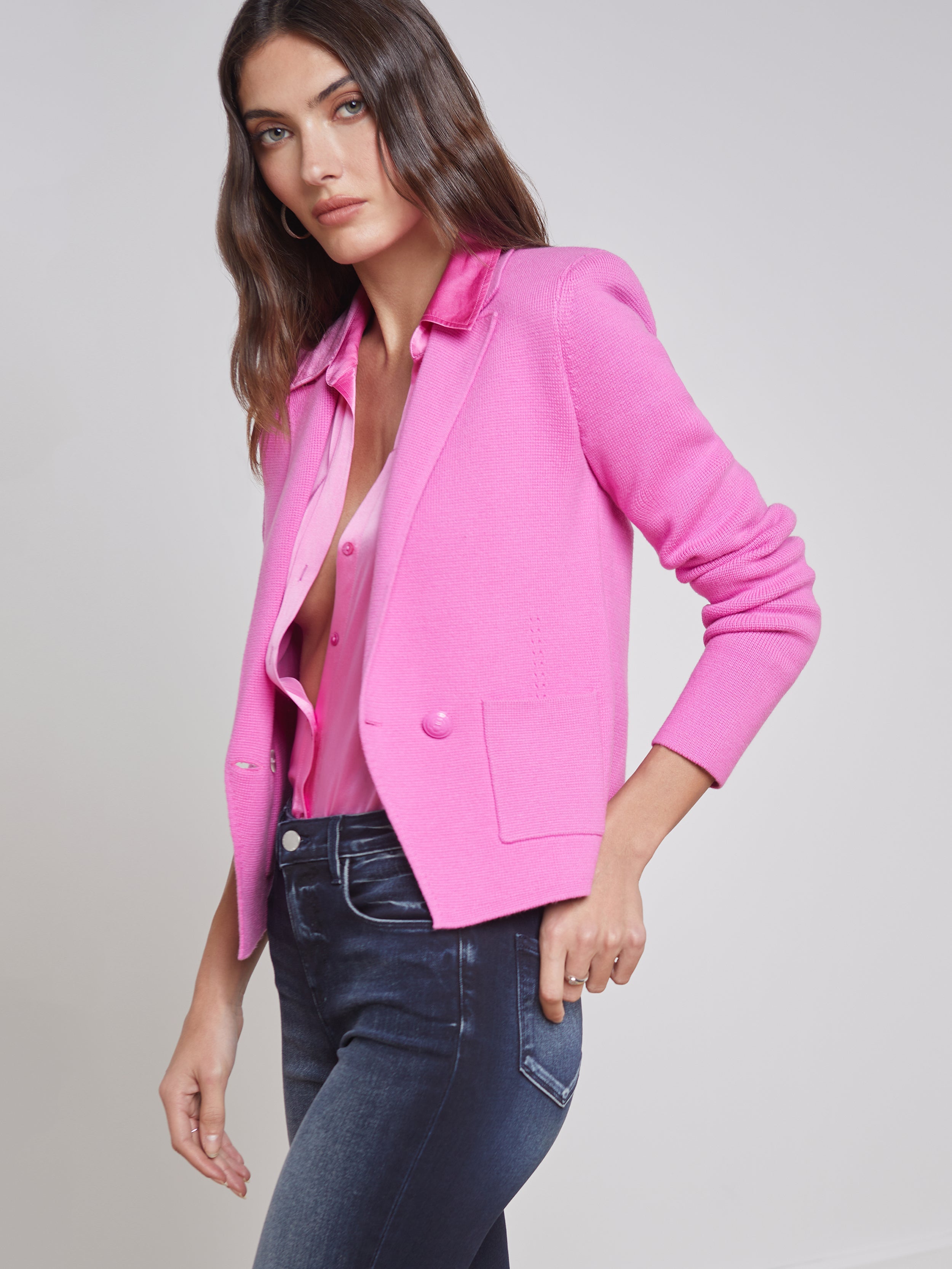 L'AGENCE Sofia Knit Blazer in Hot Pink