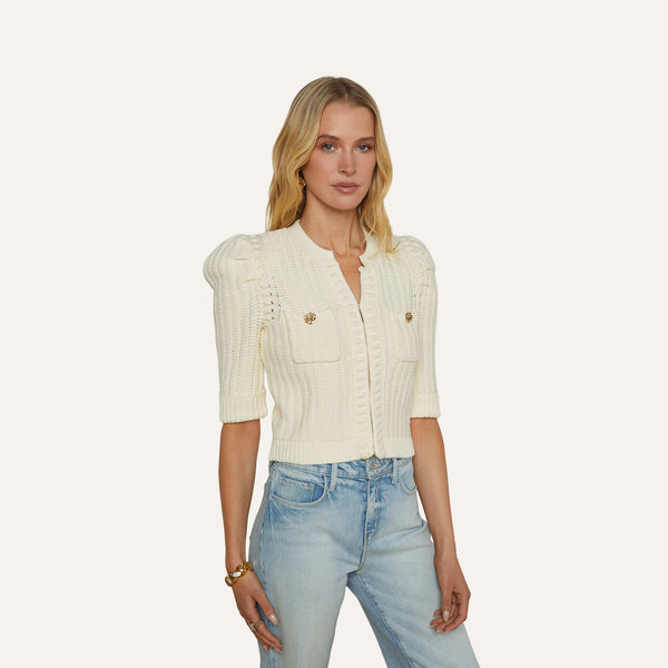 Delilah Cropped Cardigan in Vintage White/Gold Knot | L'AGENCE