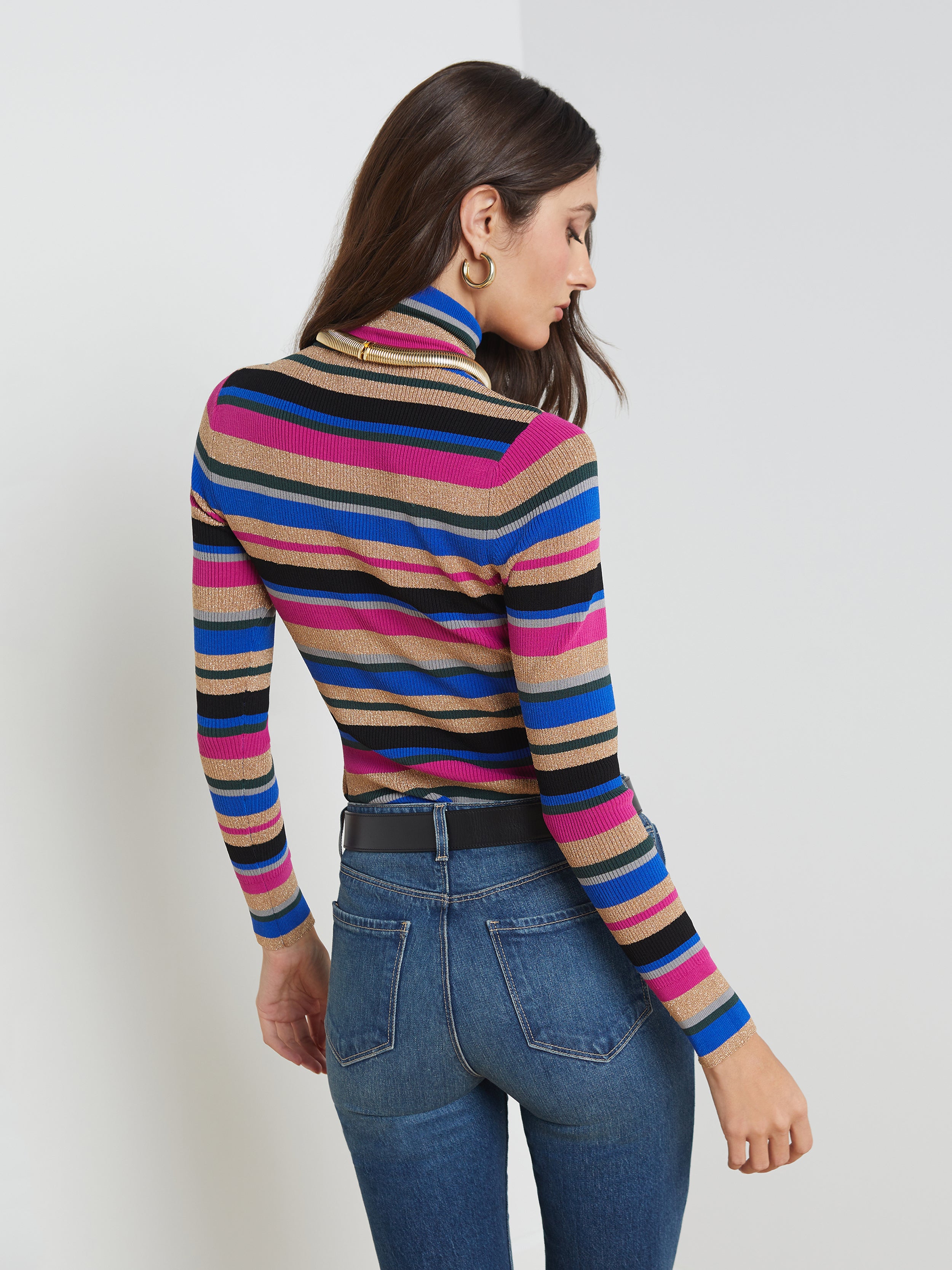 L'AGENCE Olene Sweater in Magenta Multi Stripe