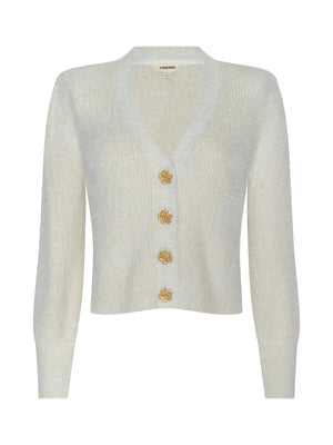 The Talulla Cardigan by L'AGENCE is a light cream, long-sleeve fuzzy knit with a deep V-neck, textured fabric, and four ornate gold-toned front buttons.
