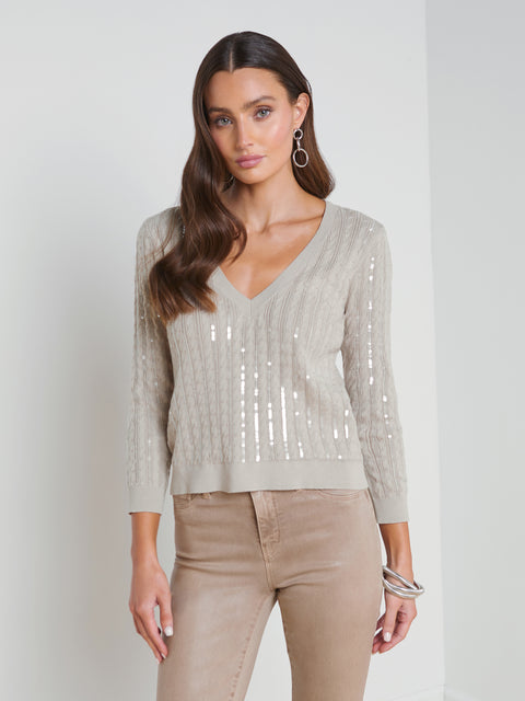 L'AGENCE - Trinity Sequin Stripe V-Neck Sweater in Pale Neutral