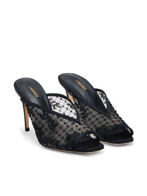 L'AGENCE Amelie Open Toe Mule in Black Lace/Satin