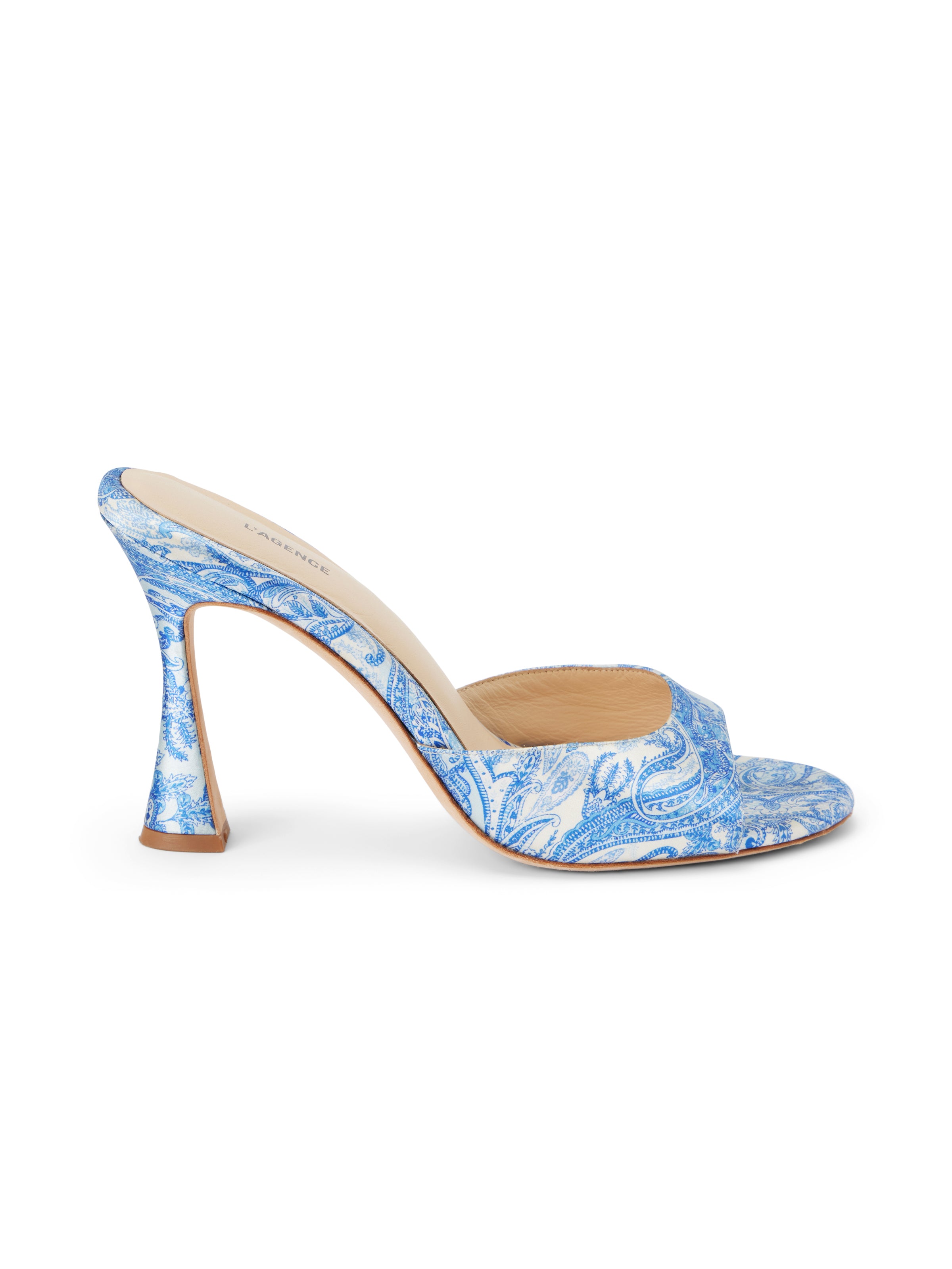 L'AGENCE - Avery Satin Peep-Toe Mule in Blue Ivory Paisley Satin