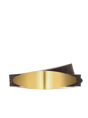 The Maroux Leather Belt is handcrafted in LA from coffee brown leather and features a large, oval-shaped shiny gold-plated buckle, shown against a white background.