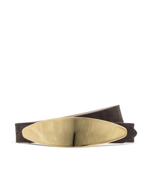 The Maroux Leather Belt by L'AGENCE, in coffee brown leather with a large, shiny gold-plated buckle, is displayed against a white background.