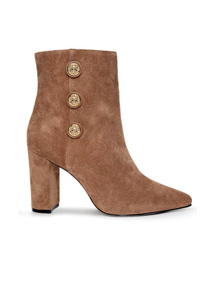 Theodora Block-Heel Bootie: tan suede ankle bootie featuring a pointed toe, chunky block heel, and three decorative gold buttons on the side.