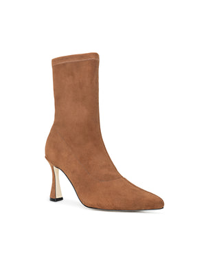 The Severine Flare Heel Boot is a brown stretch-suede ankle boot with a pointed toe, flared high heel, and memory foam insole for all-day comfort, shown against a white background.