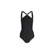 The Gabrielle One-Piece Swimsuit features a sleek black design with crossed shoulder straps and a small gold circular accent at the center of the back, showcased on a plain white background. This minimalist swimsuit blends classic style with contemporary details for an elegant, refined look.