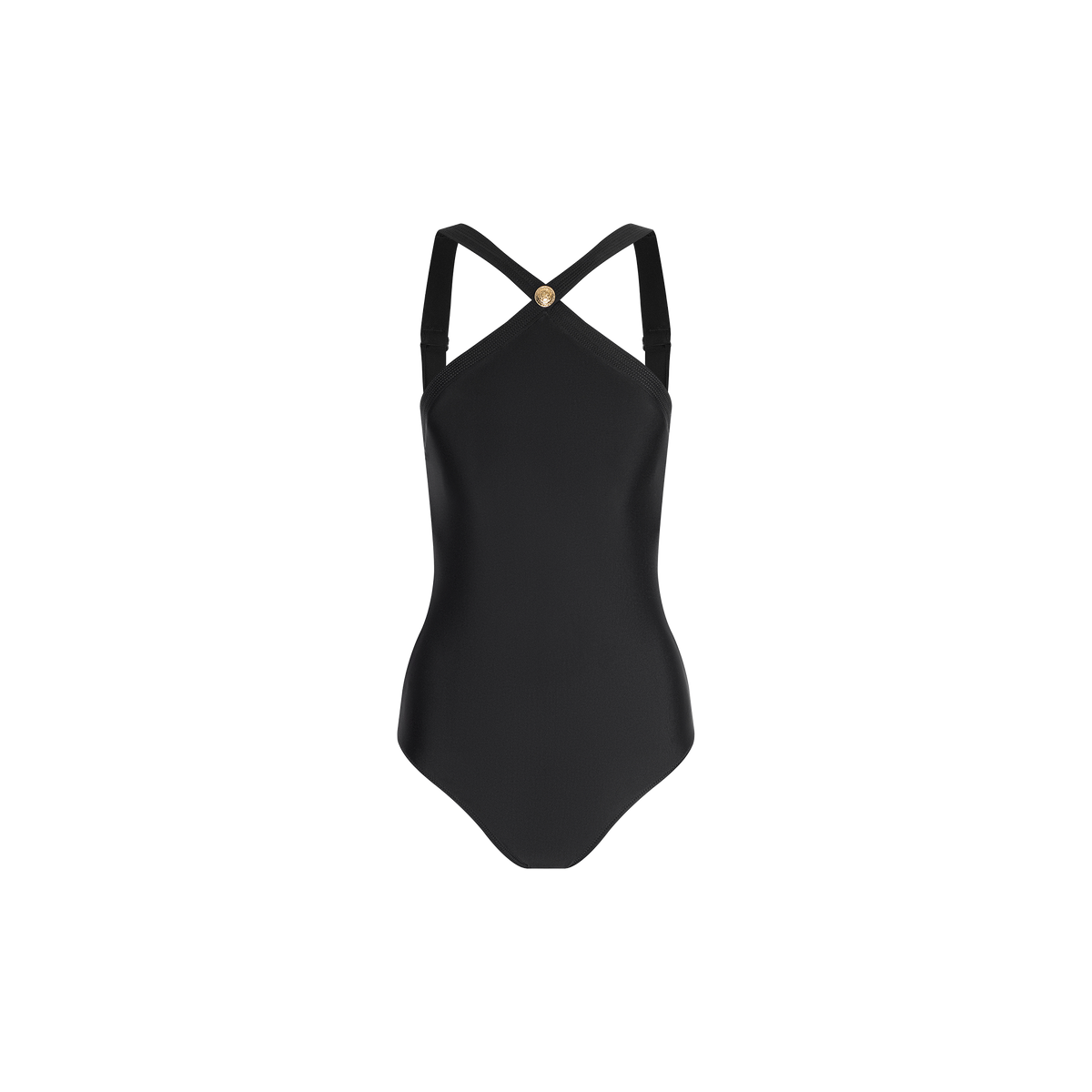The Gabrielle One-Piece Swimsuit features a sleek black design with crossed shoulder straps and a small gold circular accent at the center of the back, showcased on a plain white background. This minimalist swimsuit blends classic style with contemporary details for an elegant, refined look.