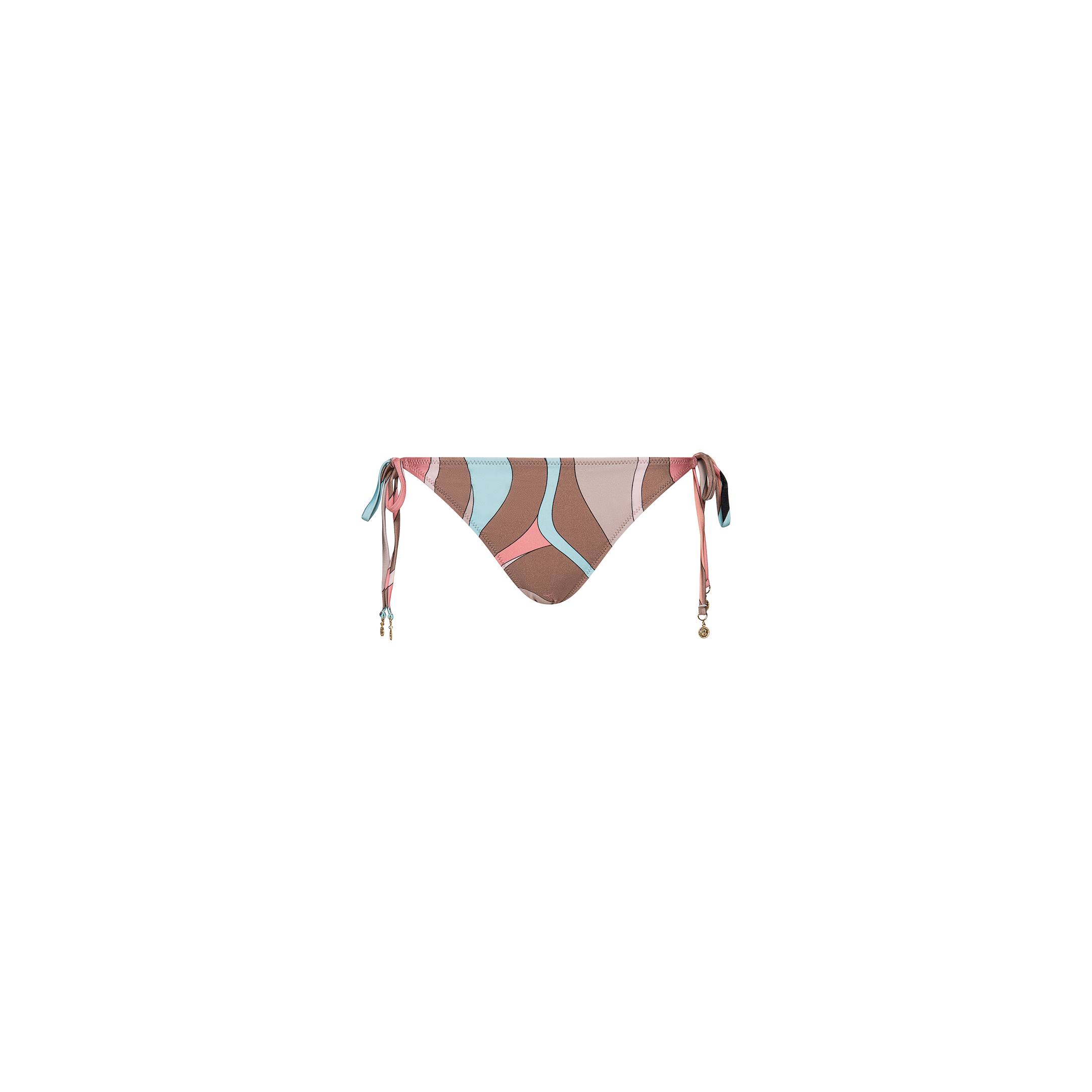The Britt Tie-Side Bikini Bottom features an abstract swirl print in pink, brown, and light blue, with small gold bead accents adorning the side ties. Displayed against a plain white background, this UPF 50 swimwear combines sun protection with stylish design.