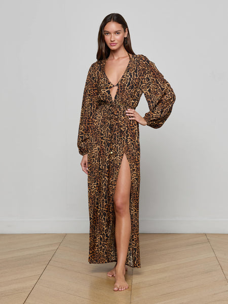 animal print dress long sleeve L'AGENCE Sara Maxi Cover-Up in Brown Multi Patch Leopard Tulle Dress H And For your upcoming plans 11-5-24 Color:SHIMMER PERI/MULTI