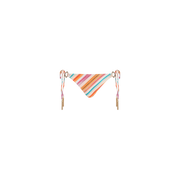 The Britt Tie-Side Bikini Bottom features multicolored stripes, adjustable tie sides, and gold accents for moderate coverage, shown against a plain white background.