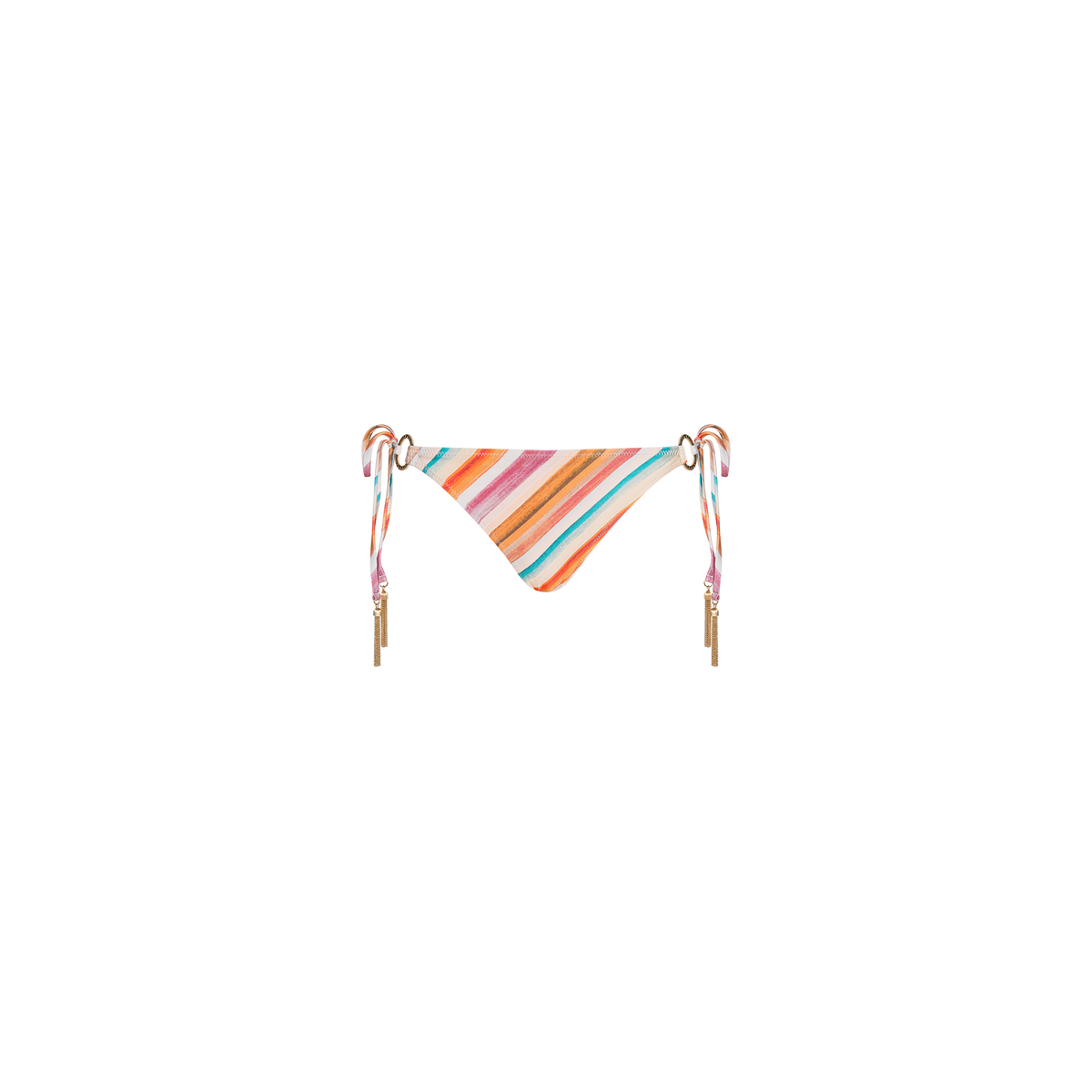 The Britt Tie-Side Bikini Bottom features multicolored stripes, adjustable tie sides, and gold accents for moderate coverage, shown against a plain white background.