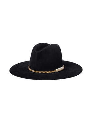 The Allende Hat is a black wide-brimmed felt hat with a gold pearl band, shown on a white background.