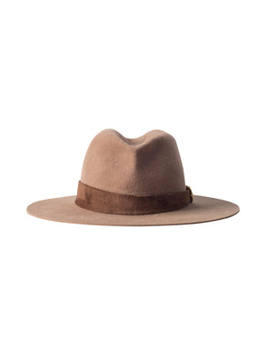 The Rivera Suede Band Fedora, a beige hat with a wide brim and brown suede band, highlights exquisite handcrafted millinery against a white background.