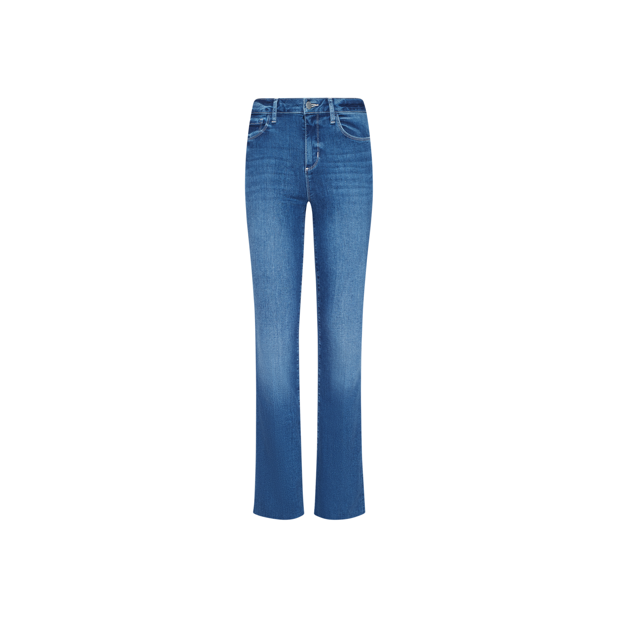 The Petite Ruth Straight-Leg Jean in heritage indigo features a slight flare at the bottom, a classic five-pocket design, front zipper and button closure, and is crafted from super stretch denim. Shown on a plain white background.