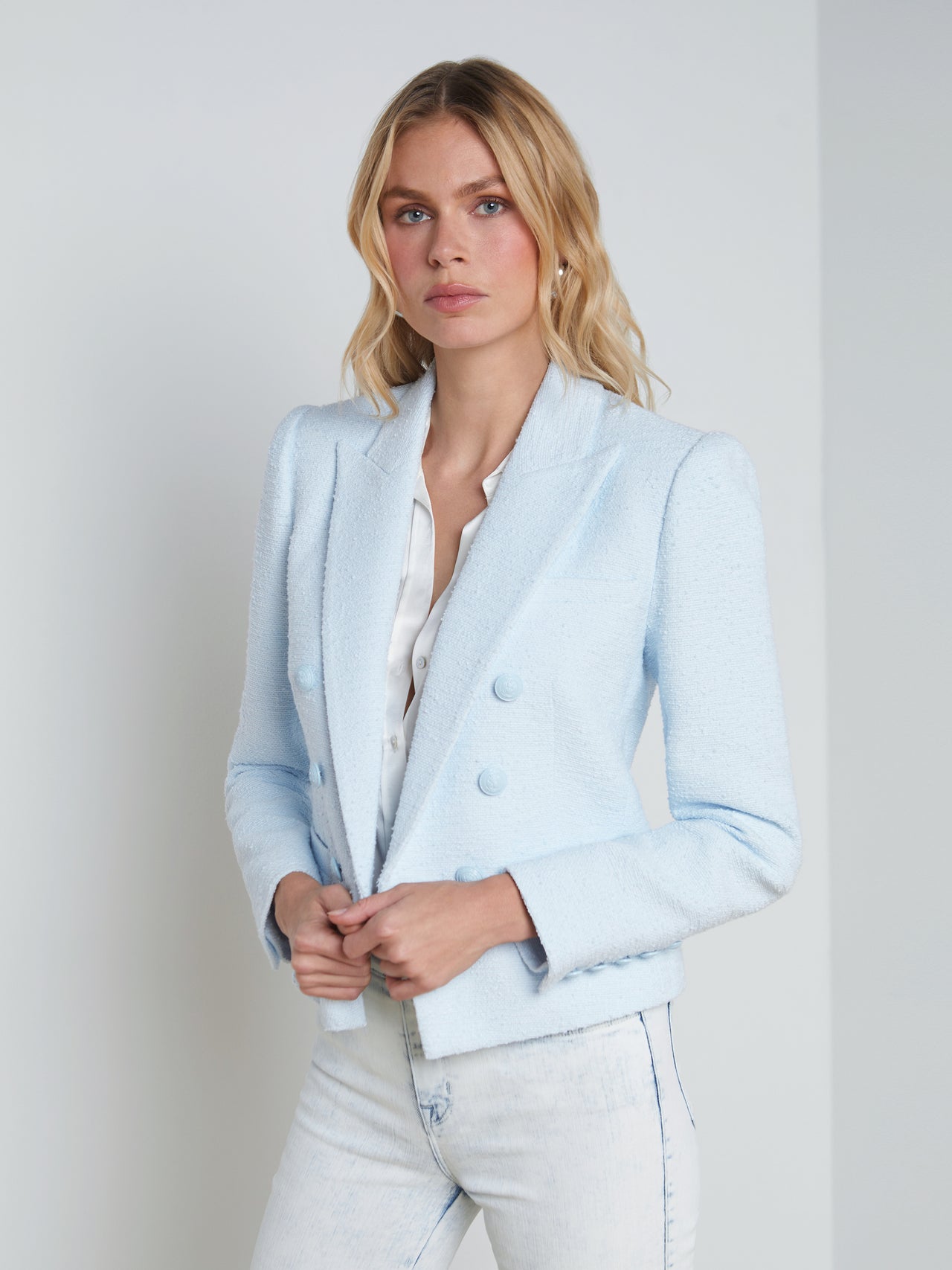 L'AGENCE - Brooke Double-Breasted Open-Front Blazer in Ice Water