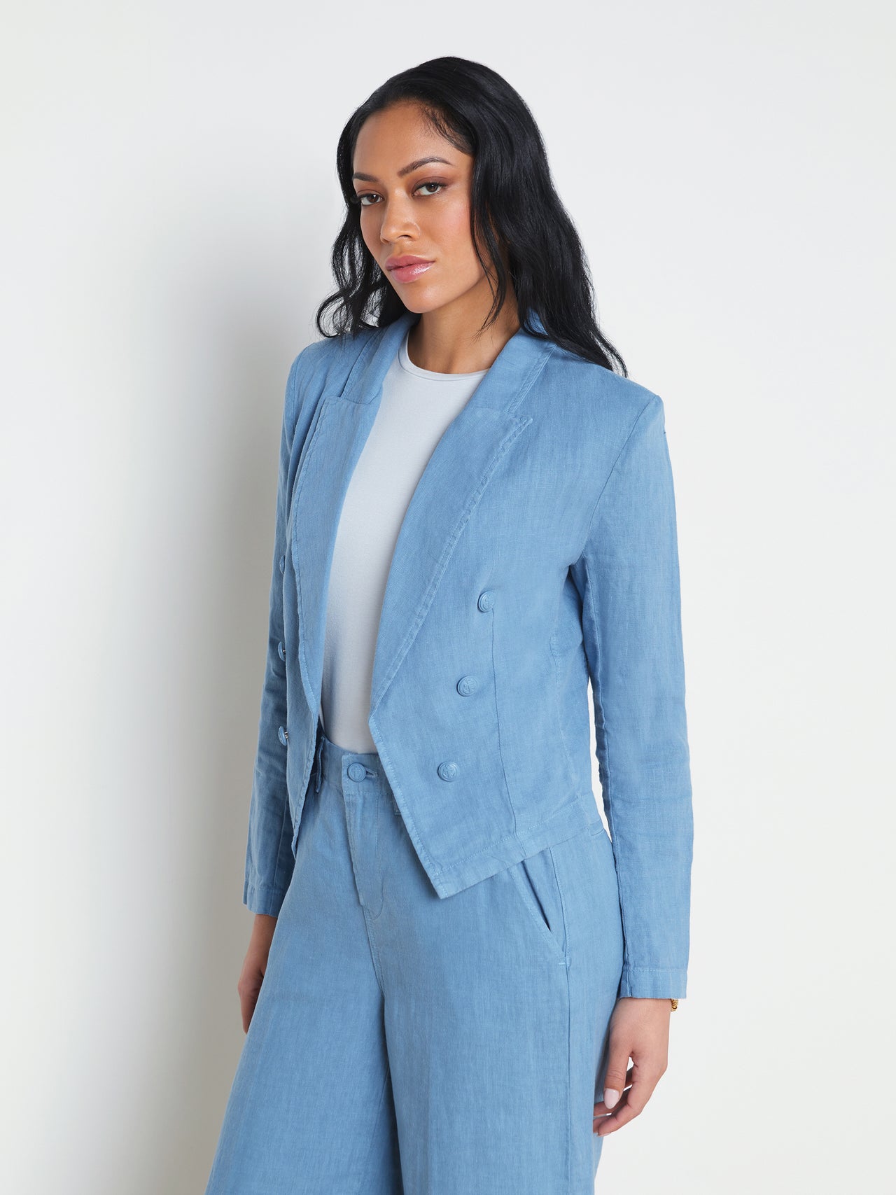 L'AGENCE - Wayne Open-Front Linen Blazer in Blue Mist