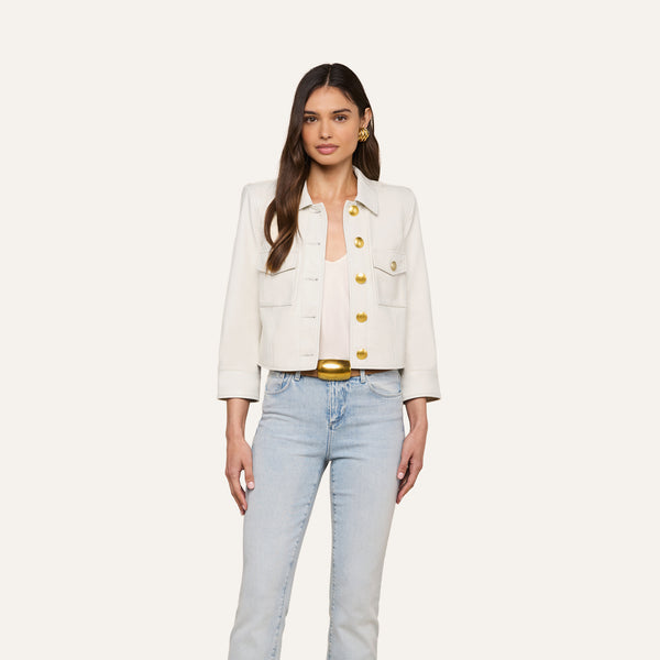 Kumi Cropped Leather Jacket in Ivory | L'AGENCE