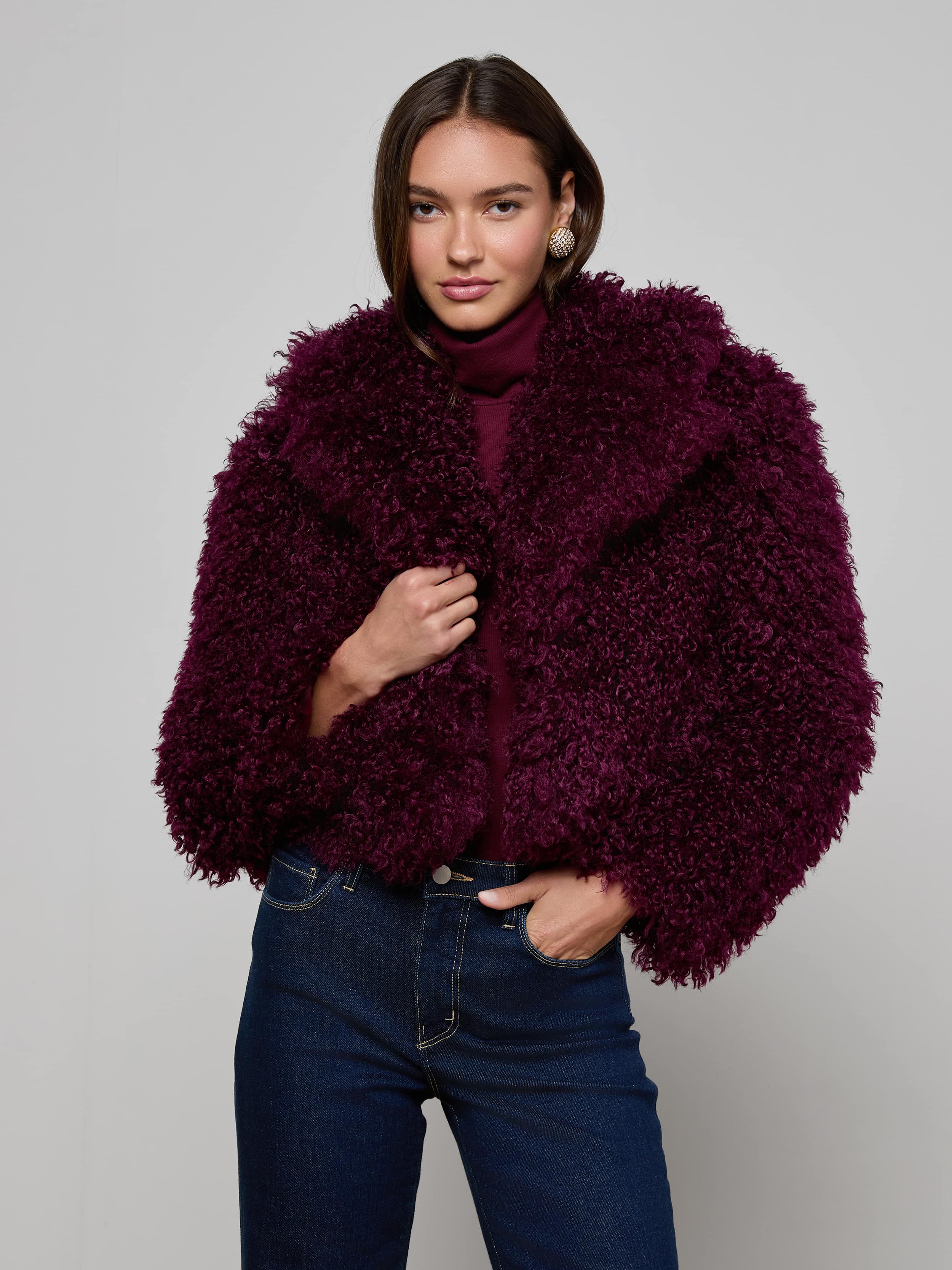 Aura Cropped Faux Fur Jacket in Primitivo | L'AGENCE