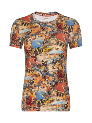 The Ressi Fitted Tee by L’AGENCE is a short sleeve top made from stretch jersey, showcasing a vibrant travel collage print with bold orange, yellow, blue, and brown hues along with intricate patterns and artistic details.