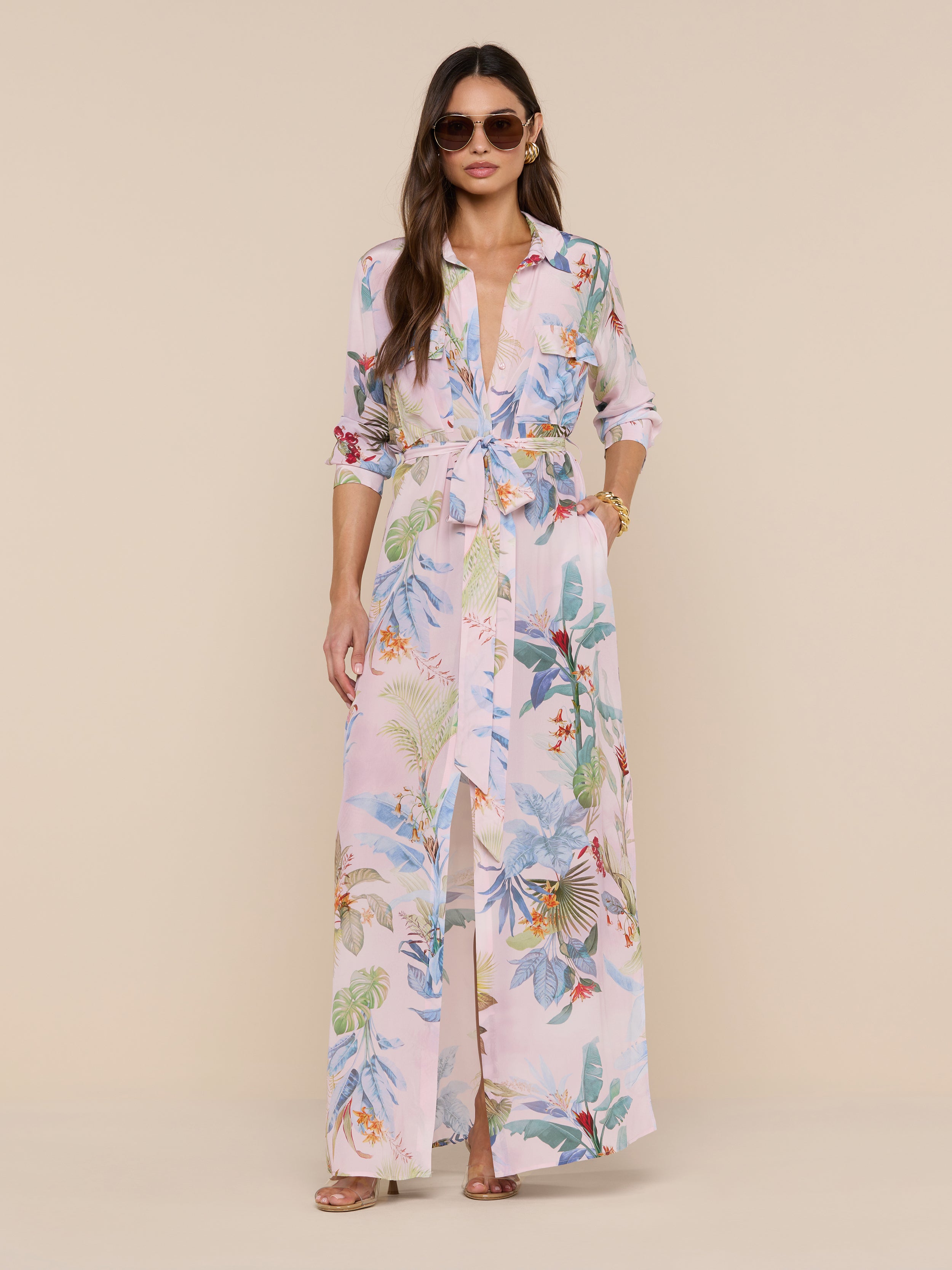Cameron Silk Shirt Dress in Light Pink Multi Colorful Palm | L'AGENCE