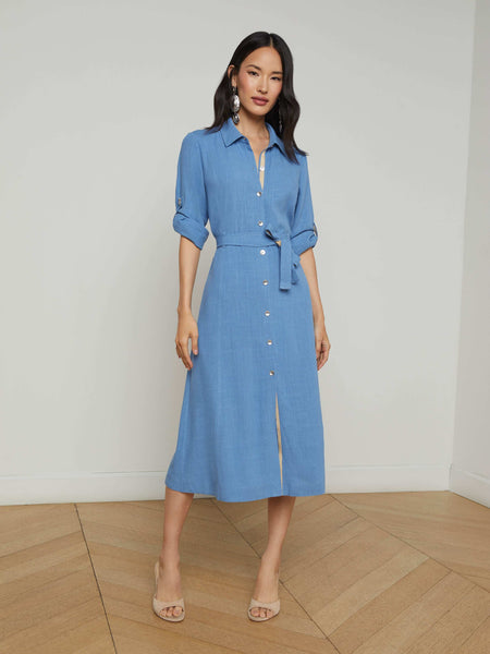 Malika Linen-Blend Shirt Dress in Harbor Blue/Pebble | L'AGENCE