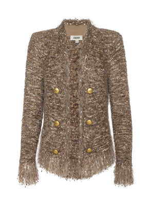 The L'AGENCE Azure Fringe Cardigan Blazer features a brown tweed texture, fitted silhouette, double rows of gold buttons, long sleeves, and a chic fringe trim hem, shown on a plain white background.