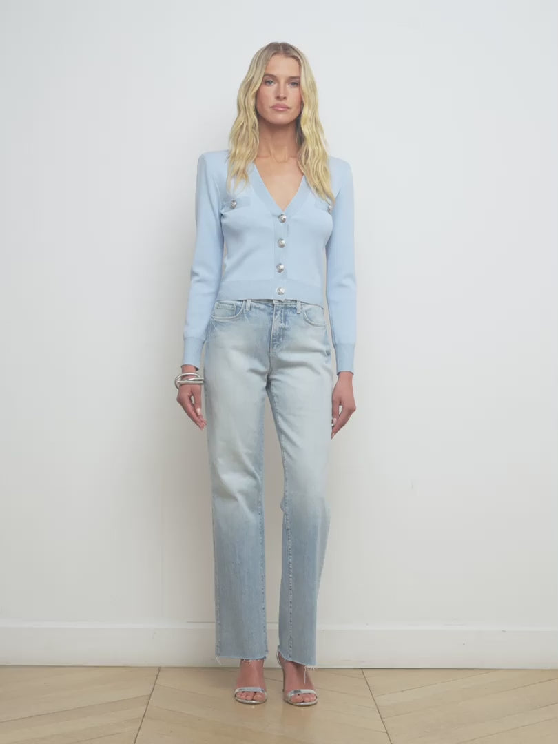 Taya V-Neck Cardigan in Blue Fog Lurex/Nickel | L'AGENCE