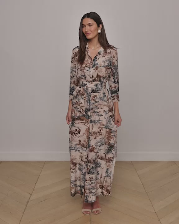 Cameron Silk Shirt Dress in Tan Multi Western Toile | L'AGENCE