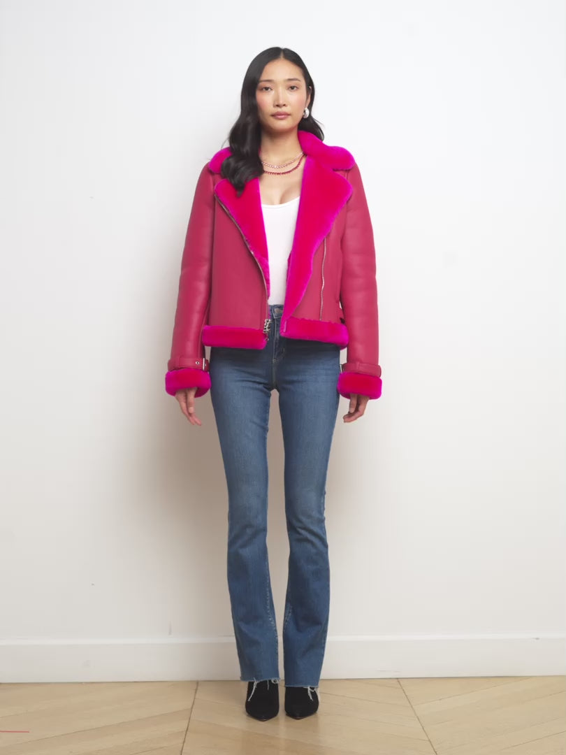 L'AGENCE - Niri Shearling Leather Motorcycle Jacket in Pink Glo