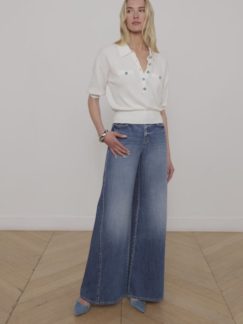 L'AGENCE - Masaki Cropped Sweater in White/Turquoise