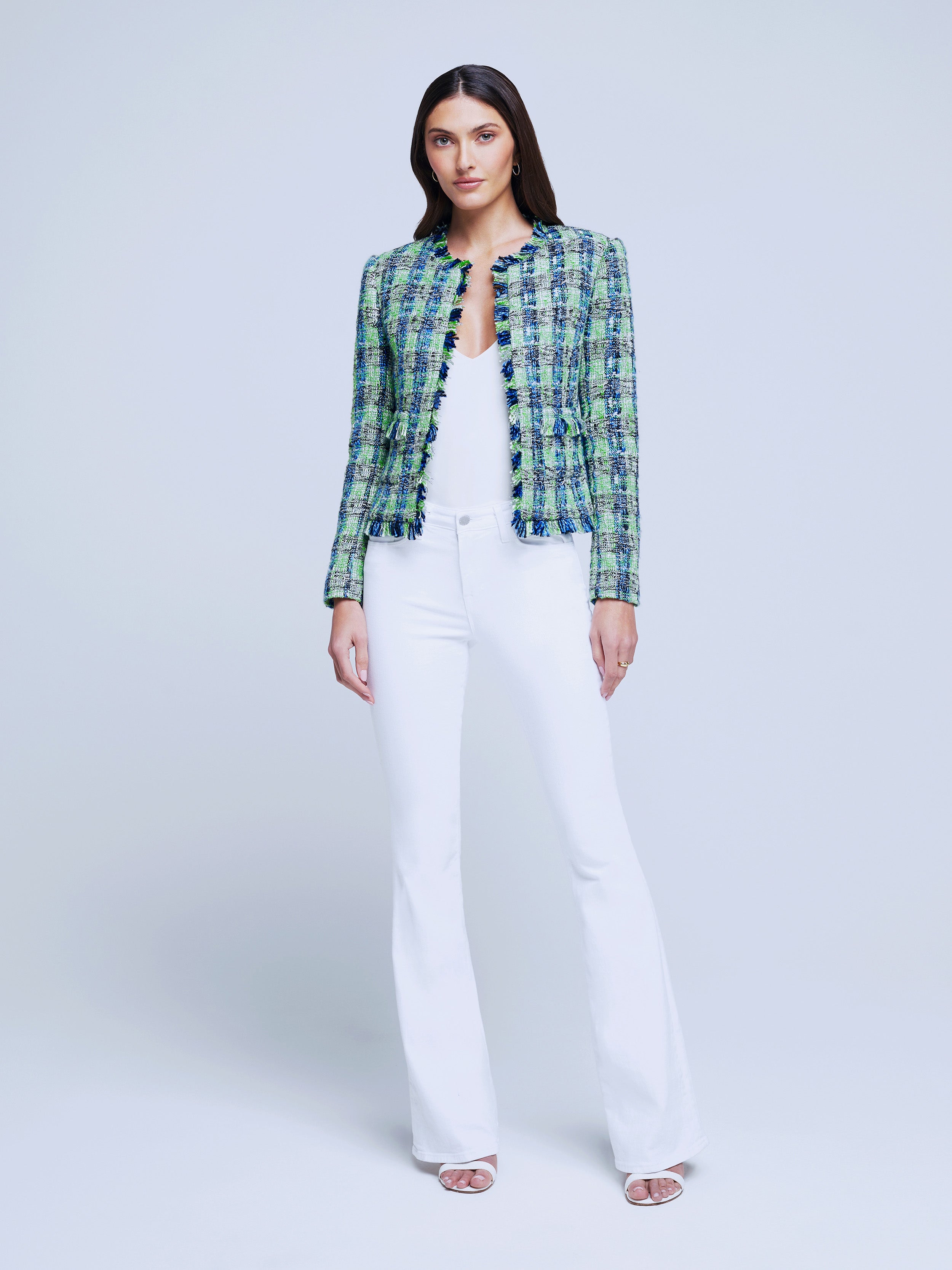 L'AGENCE Angelina Tweed Blazer in Green/Blue Multi