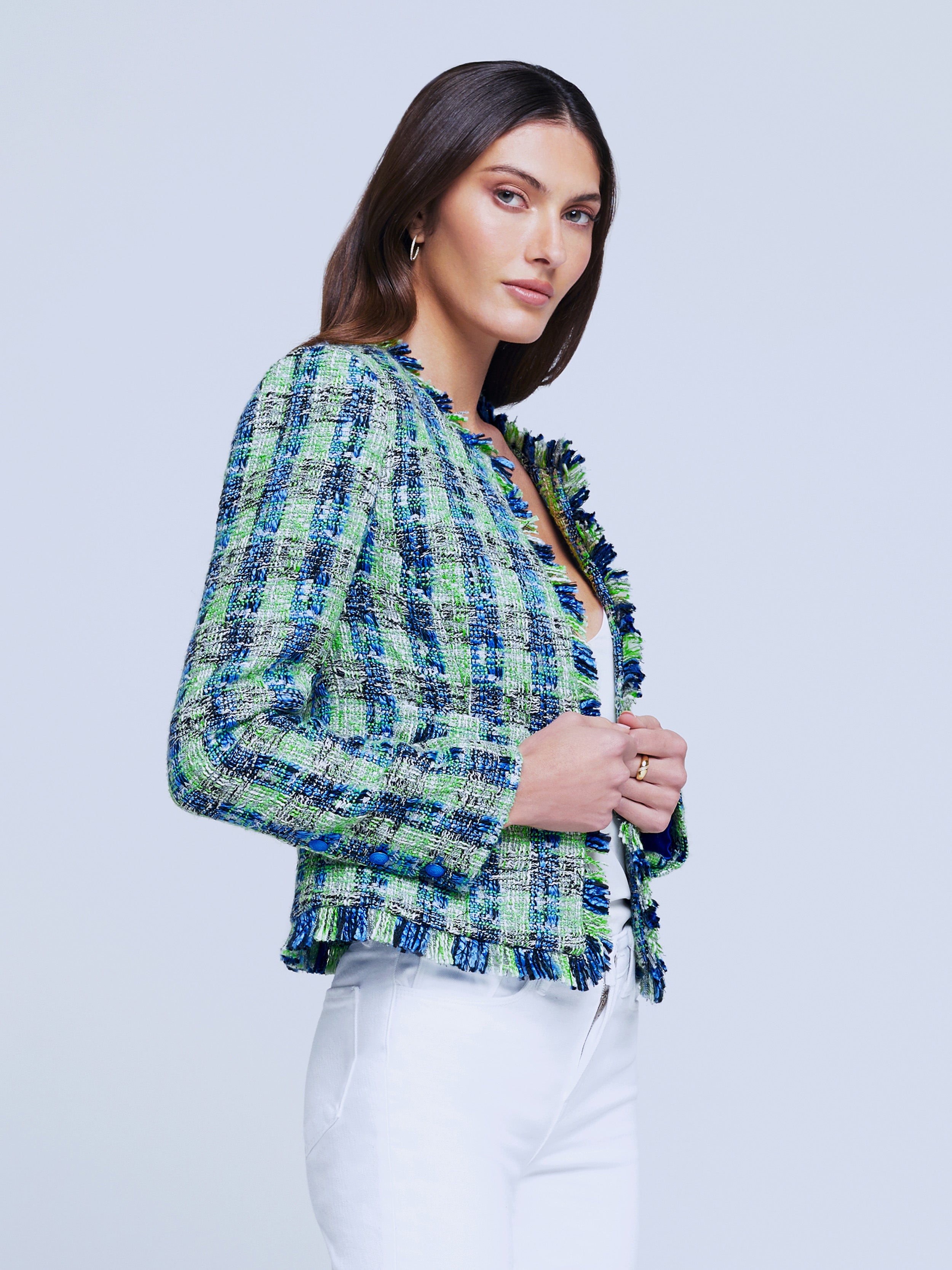 L'AGENCE Angelina Tweed Blazer in Green/Blue Multi