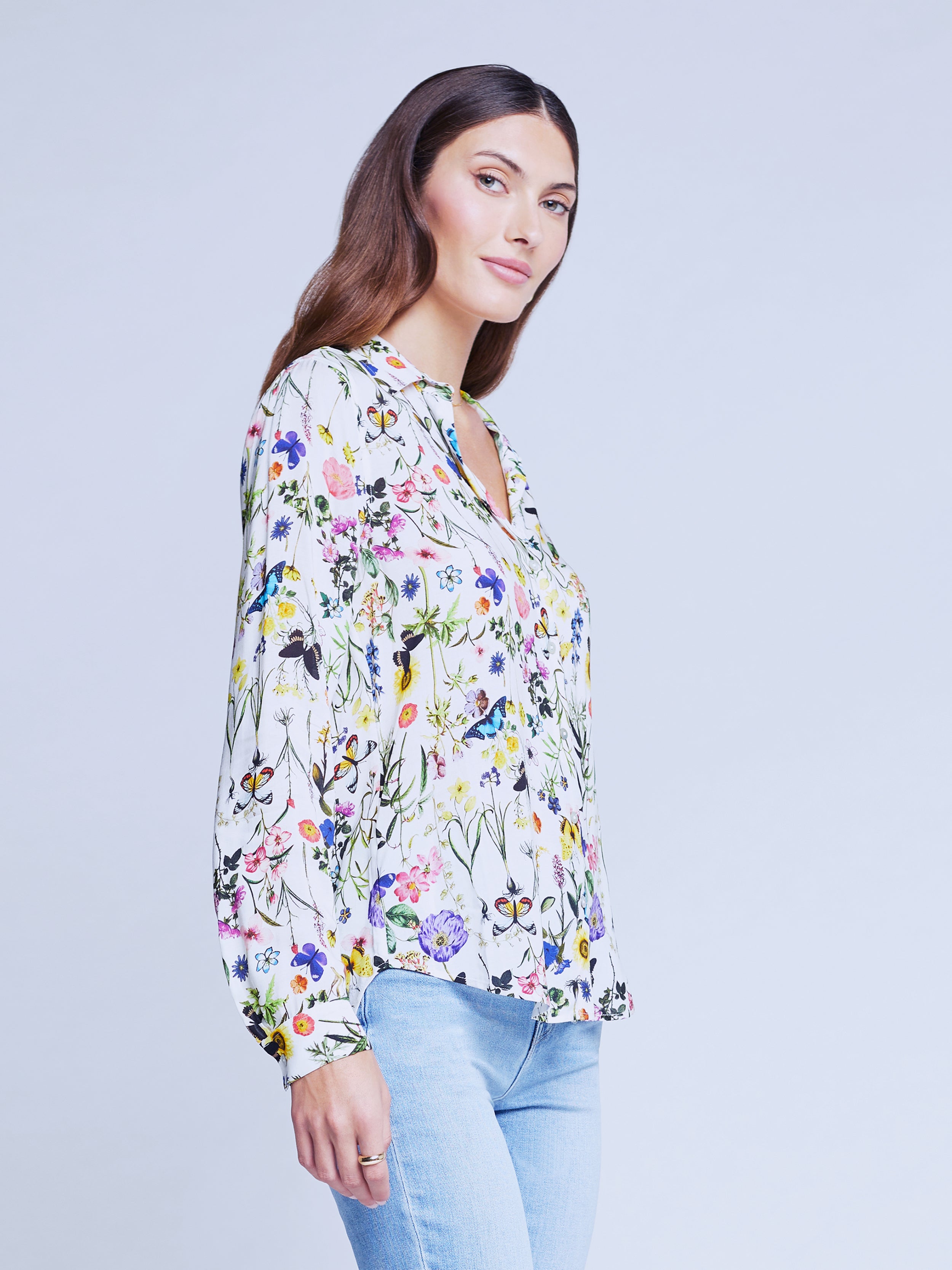 L'AGENCE Holly Blouse in White Multi Butterfly Botanical