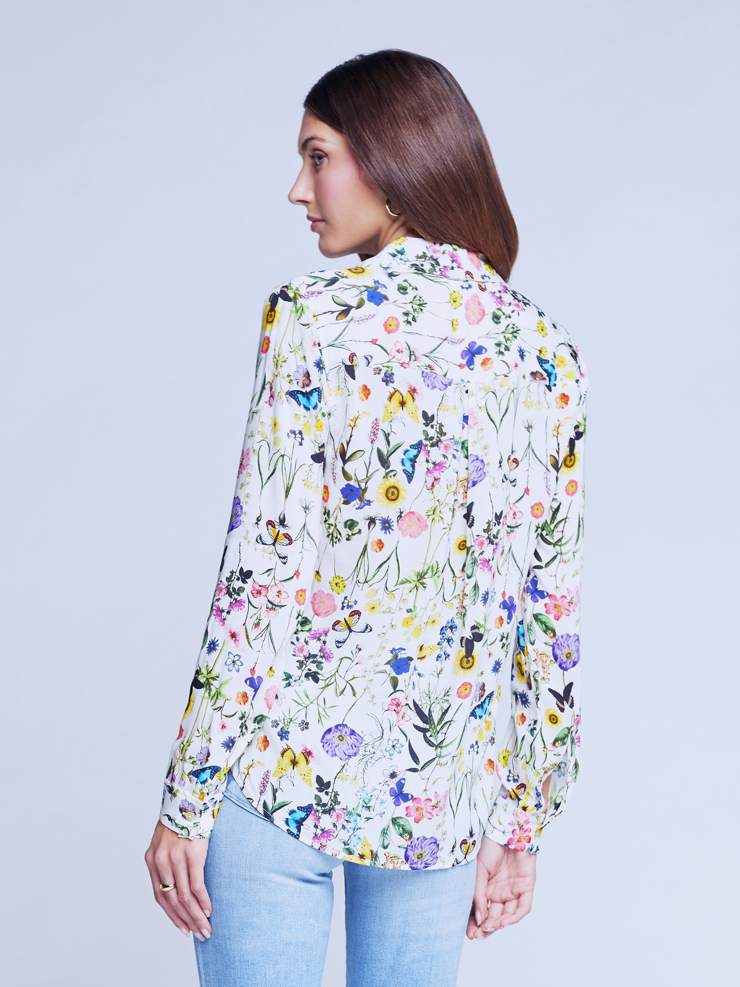 L'AGENCE Holly Blouse in White Multi Butterfly Botanical