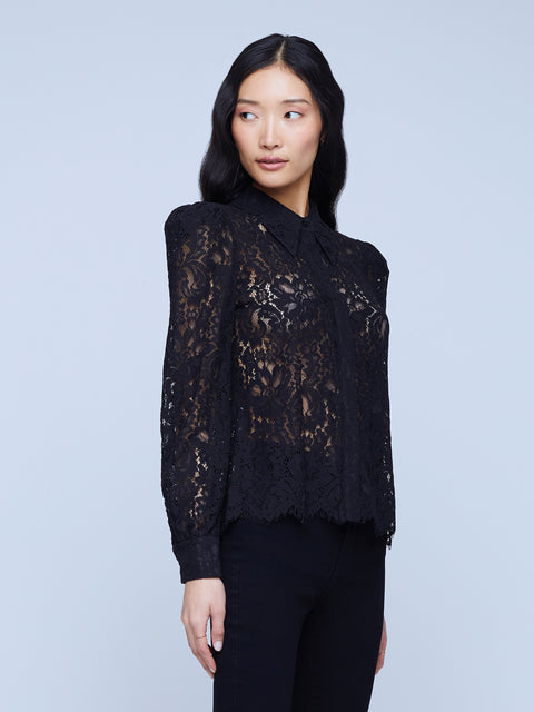 L'AGENCE Jenica Puff Sleeve Lace Blouse In Black Lace