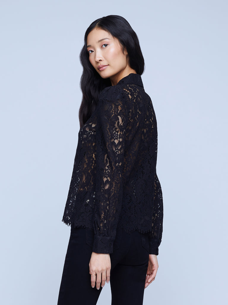 L'AGENCE Jenica Puff Sleeve Lace Blouse In Black Lace