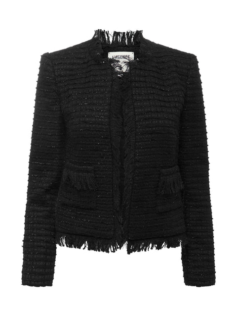 CHANEL Blue/Black Tweed Zip Front Jacket w. Fringe Trim sz. 36 at 1stDibs