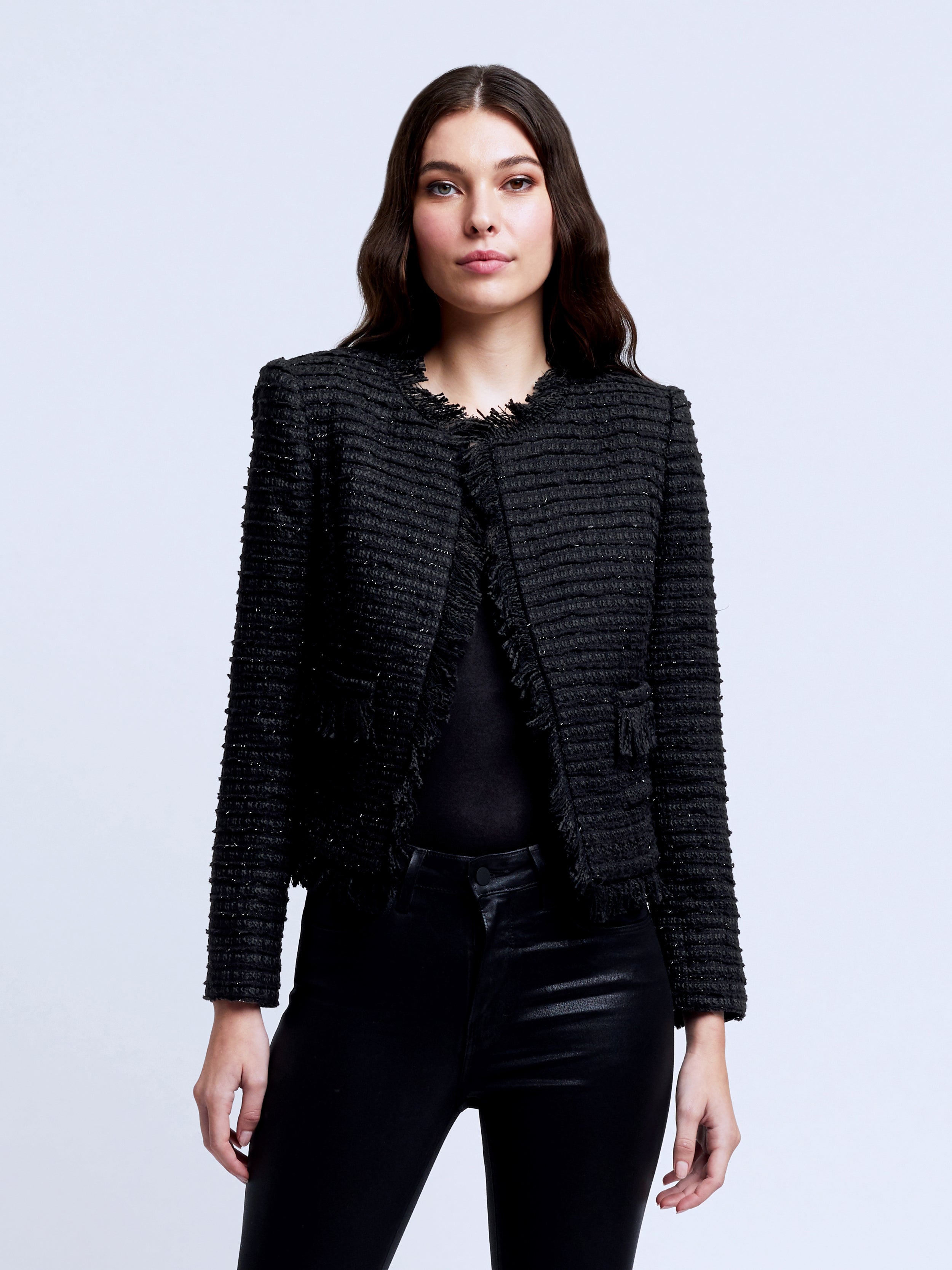 Black Trouser Outfits + Chanel inspired tweed sweater jacket